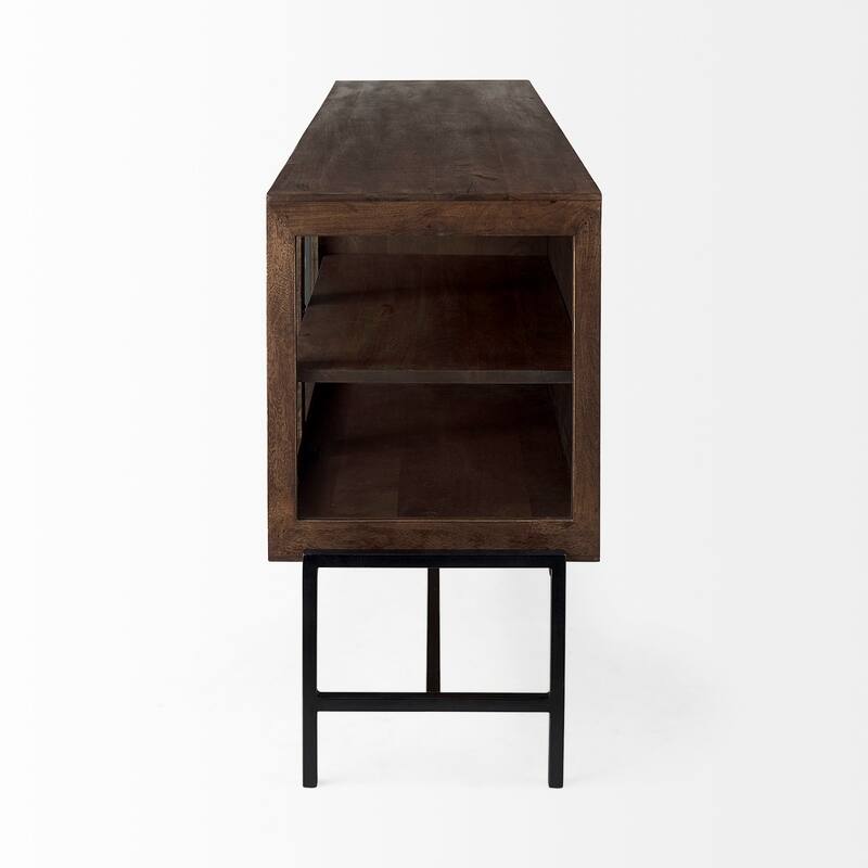 Arelius Light Brown w/ Black Metal Base 4 Door Glass Cabinet Sideboard - 70.0L x 18.0W x 32.0H
