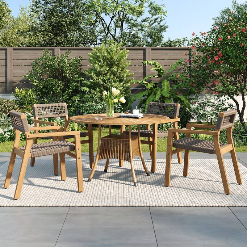 Christopher Knight Home - Lyla Outdoor Rope Woven Acacia Dining Chair Set (Only chair) - Light Teak + Grey Rope,4-Piece