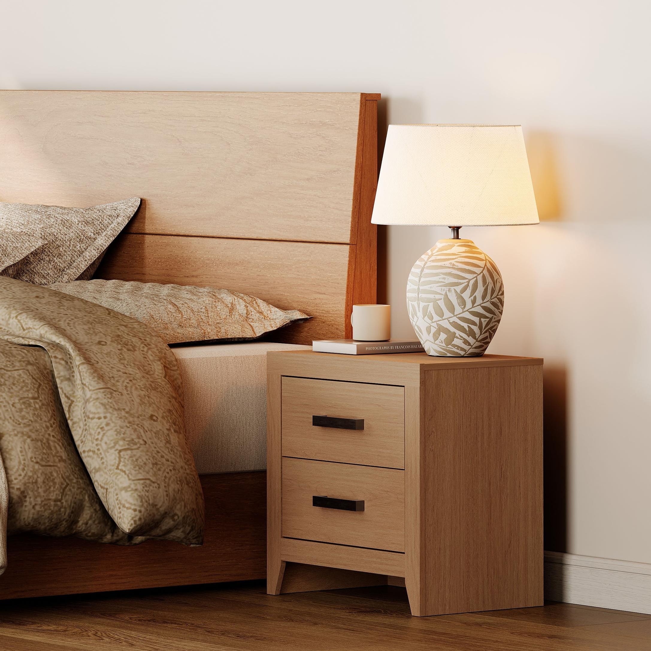 WAMPAT Farmhouse Nightstand with Dual Drawers - Rustic Brown