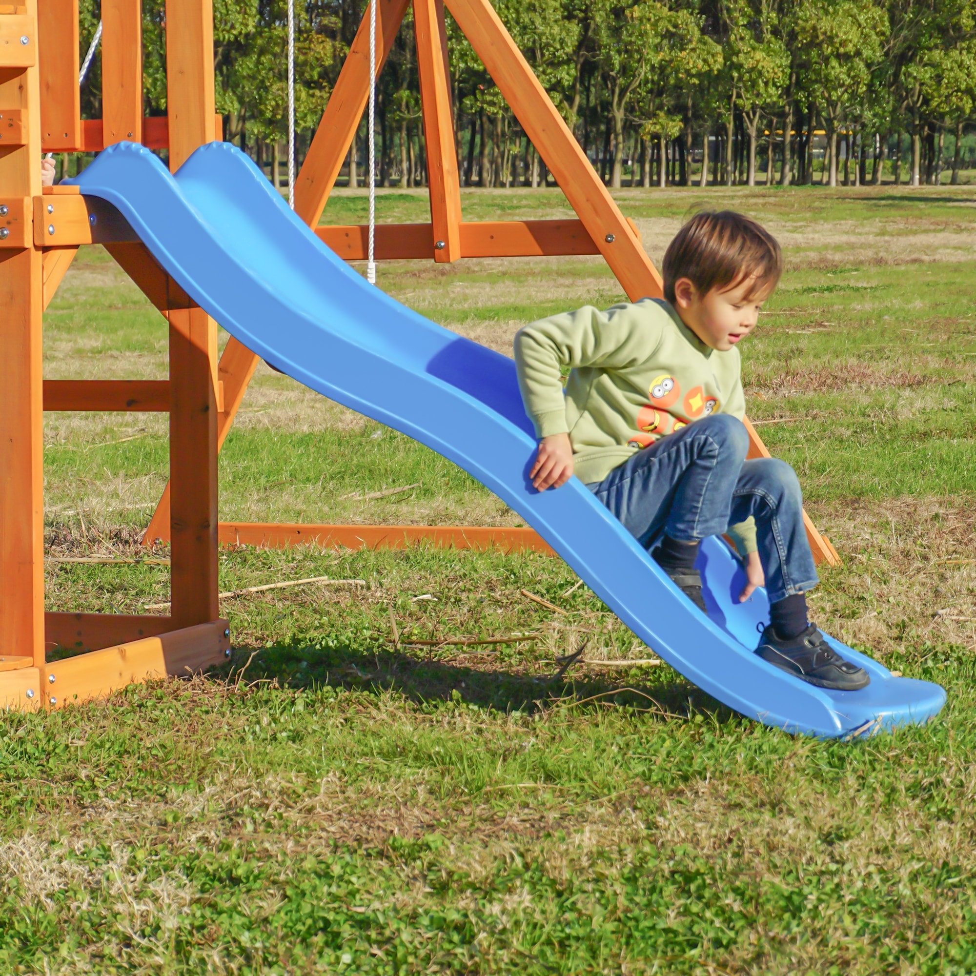 Wooden Swing Set with Slide, Climbing wall, Sandbox and Wood Roof