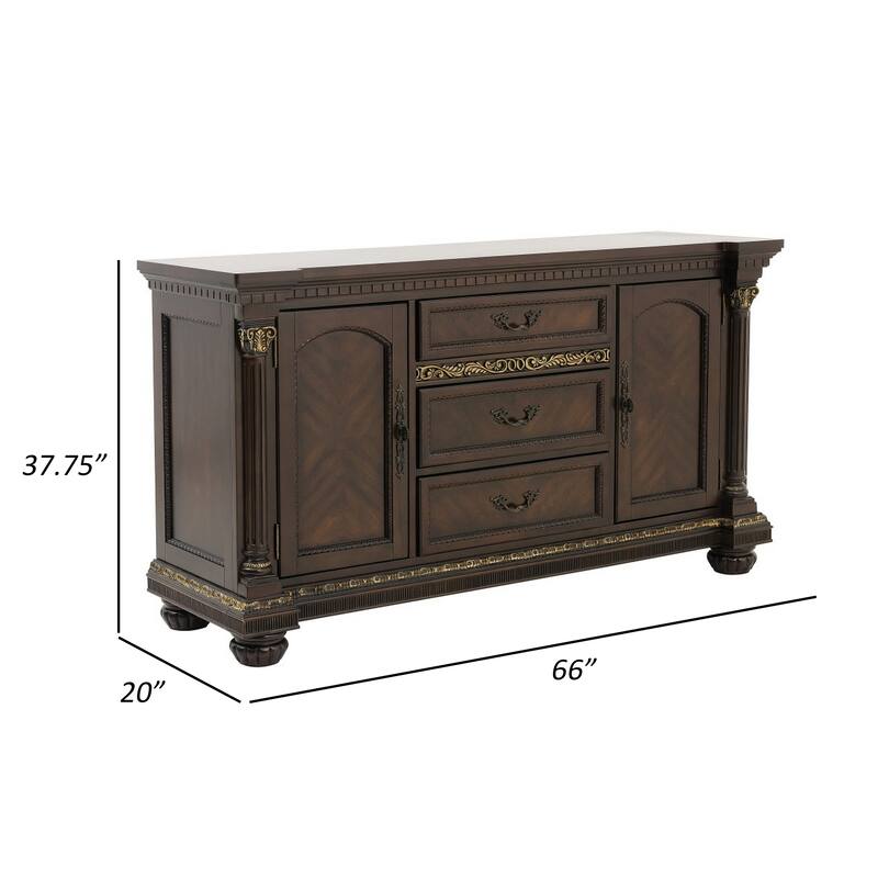 Hilton 66 Inch Buffet Console, 3 Drawers, 2 Cabinets, Cherry Brown and Gold