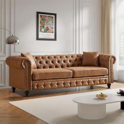 Mid-century vintage style standard tufted upholstered sofa with nailhead trim and wooden legs for living room malls