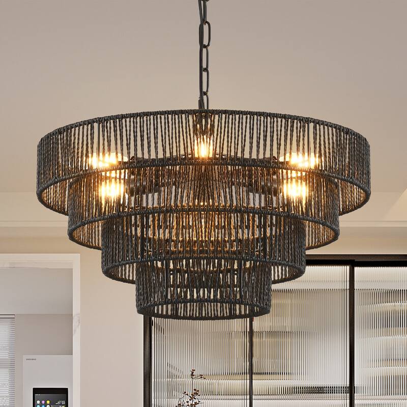 20" 4-Layer Woven Rattan Chandelier Boho Pendant Light(No Bulbs)