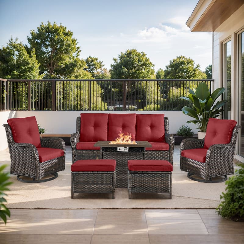 Gymojoy 6-Piece Outdoor Furniture Sofa Set with 2 Swivel Chairs, 2 Ottomans & 55K BTU Fire Pit Table - Brown Wicker / Red Cusion - 6-Piece