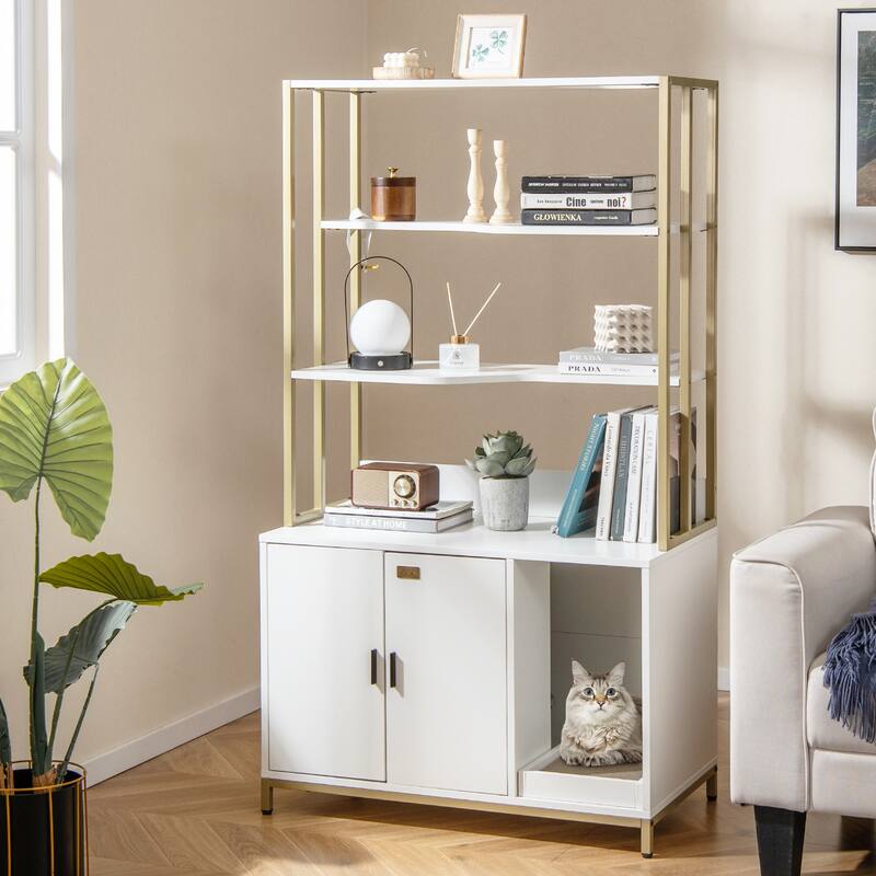 Cat Litter Box Cabinet with Storage Space & 3-Tier Shelves, Modern Design - 33.5" x 18" x 61"