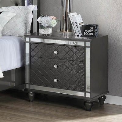 1Pc Glam Contemporary Style 3-Drawer Nightstand End Table with Mirror Plating Tapered Legs Gray Finish