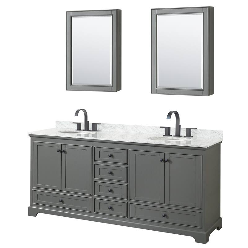 Deborah 80-inch Dark Gray Double Vanity, Oval Sinks, Med Cabs - Dark Gray, Black Trim, White Carrara Marble Top