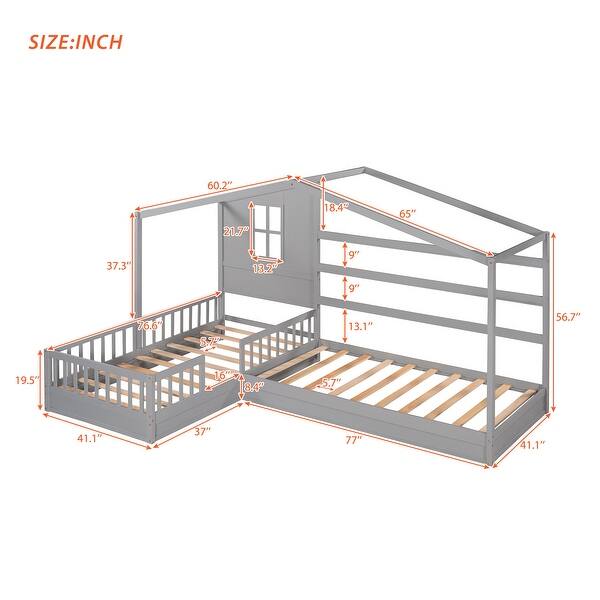 dimension image slide 0 of 2, Twin Size Wood House Platform Bed, L-Shaped with Fence and Slatted Frame