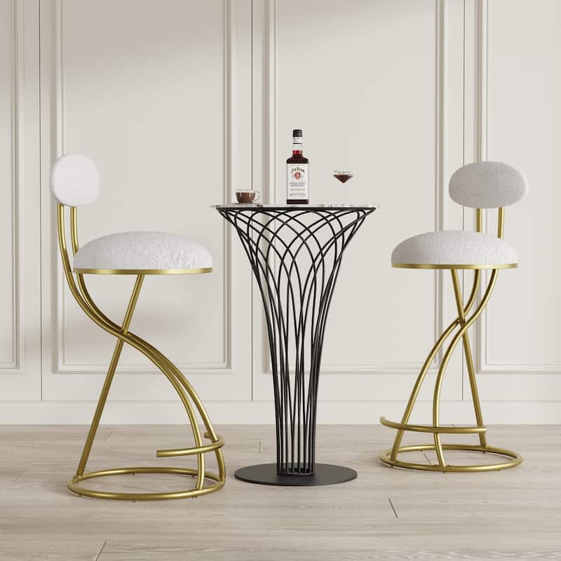 Round Print Bar Stools Set of 2 Metal Upholstered Chairs for Kitchen Island & Dining Rooms Counter Stools - Gold & White Print
