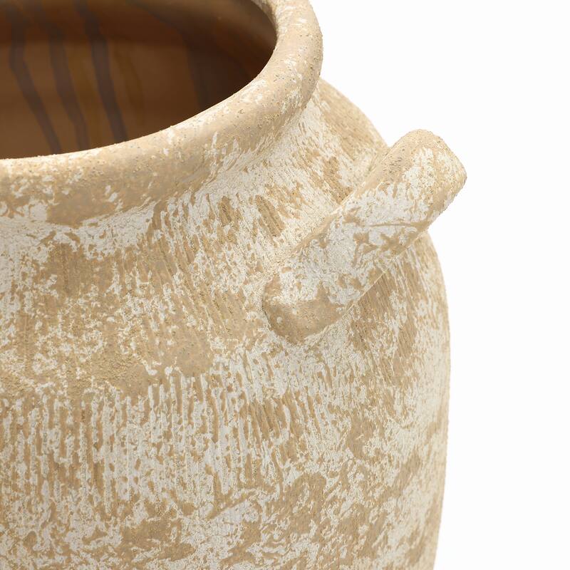 Vintage Pottery Beige & Brown 15.75" Tall Round Ceramic Vase