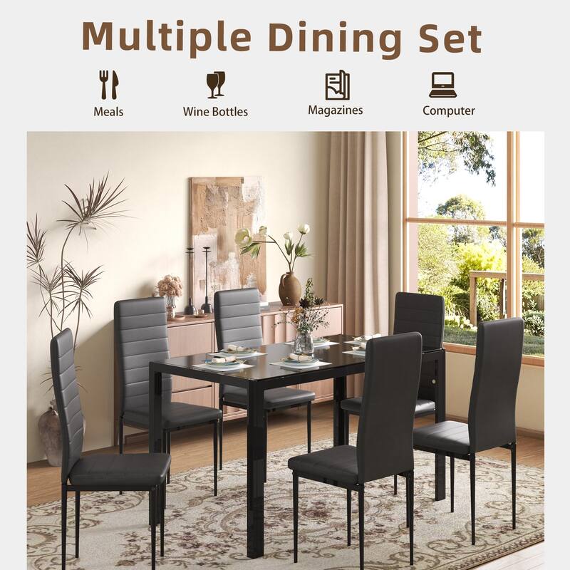 5/7-Piece Glass Top Dining Table Set, Kitchen Table and 4/6 Luxury Faux Leather Chairs, Home Furniture Rectangular Modern, Black
