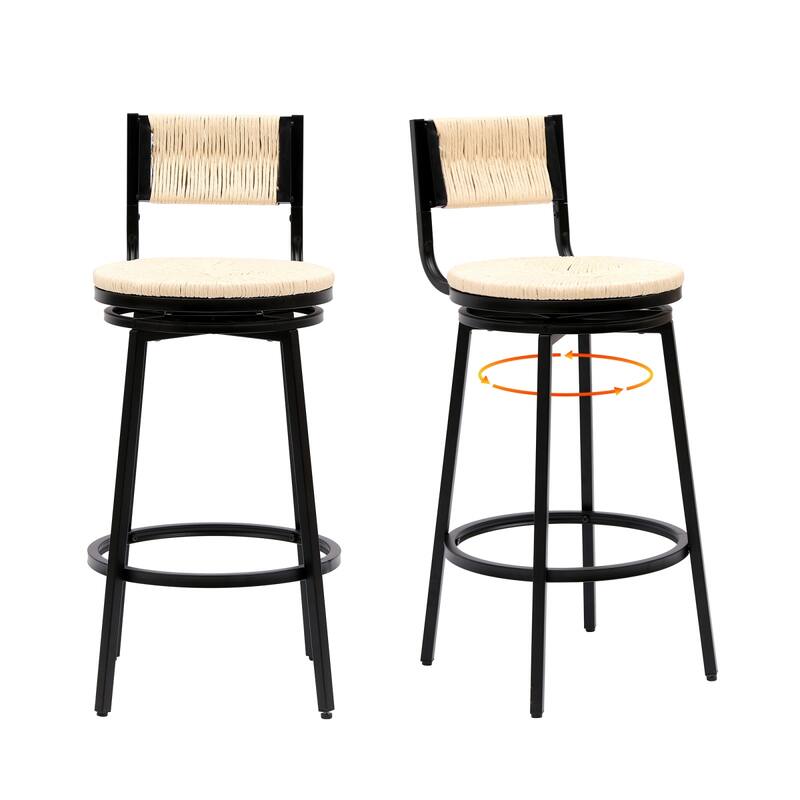 Swivel Counter Height Bar Stools Set of 2, Bar Height Stools, Paper Rope Woven Bar Stools, Farmhouse Island Chair w/ Metal Frame