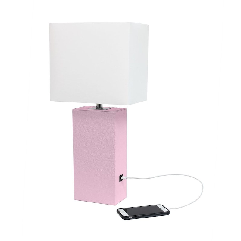 Modern Leather Table Lamp with USB and White Fabric Shade