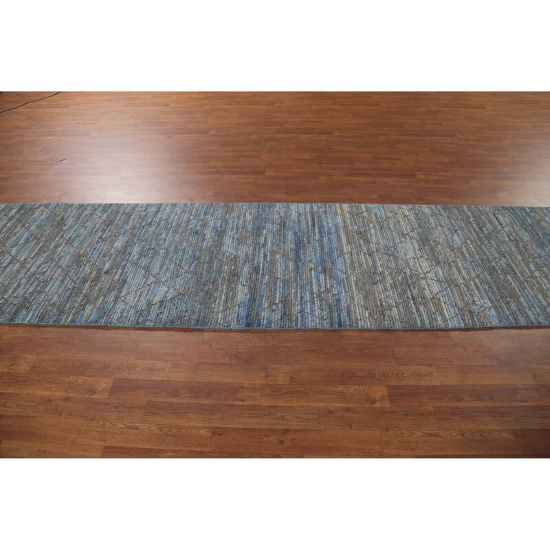 Striped Blue Trellis Moroccan Runner Rug Hand-Knotted Wool Carpet - 3'0"x 12'5"