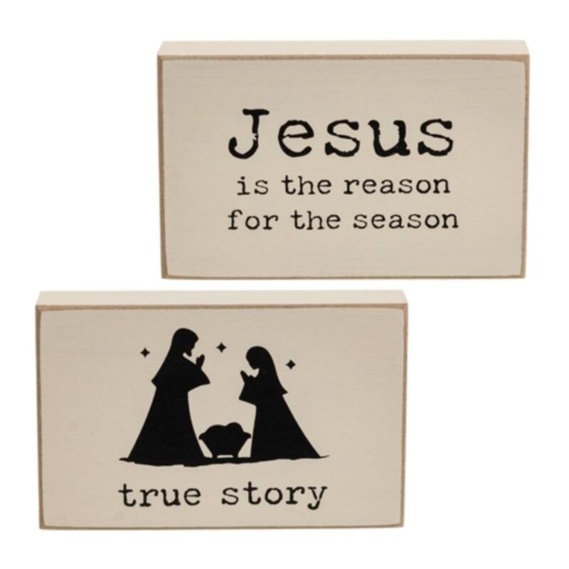 True Story Nativity Wooden Blocks Rustic Cream Christmas Decor - 2 Asstd - 2.5” high by 3.75” wide by .75” deep - Beige