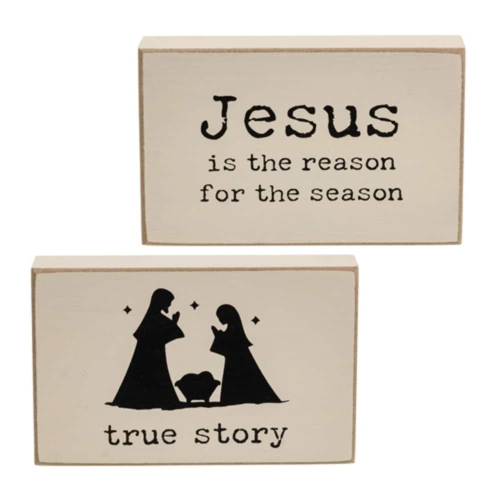 True Story Nativity Wooden Blocks Rustic Cream Christmas Decor - 2 Asstd - 2.5” high by 3.75” wide by .75” deep