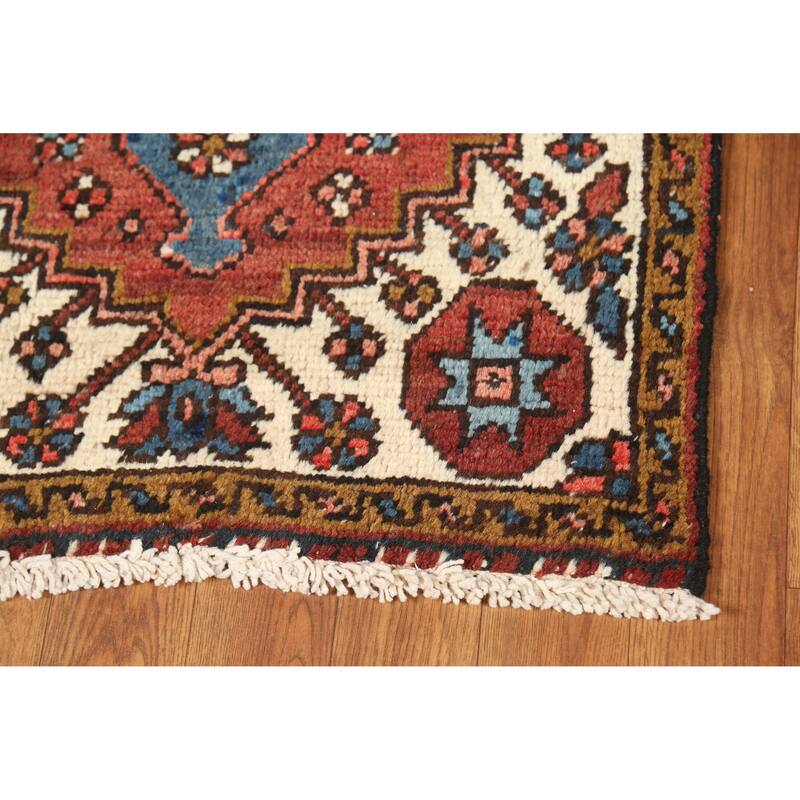Hand Knotted Oriental 100% Wool Carpet Traditional Geometric Oranges & Rust Heriz (serapi) Runner Rug - 10' 7'' X 2' 1''