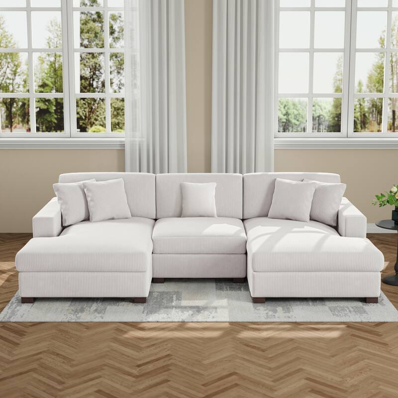 Upholstered Oversized Modular Sectional Sofa Set Corduroy Sleeper Sofa With Chaise - Beige - Symmetrical