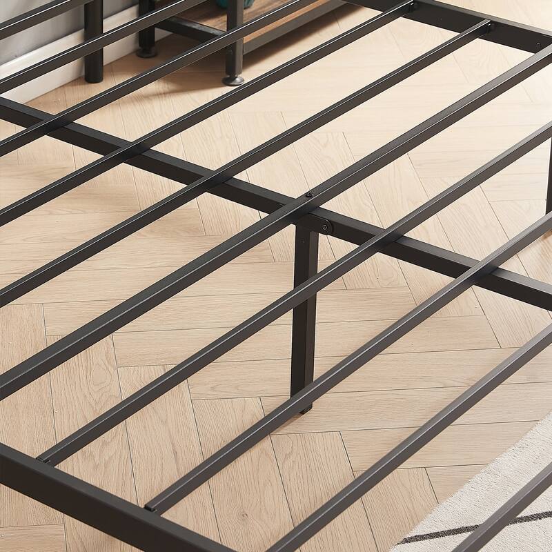 VECELO Industrial Bed Frame with Wood Headboard,Twin/Full/Queen Size Bed, Black/Brown/Slate-3 colors