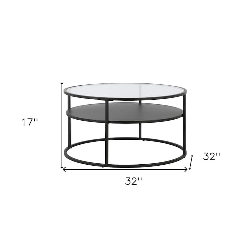 32" Black Glass Round Coffee Table with Steel Base and Storage Shelf - 32” x 32” x 17”