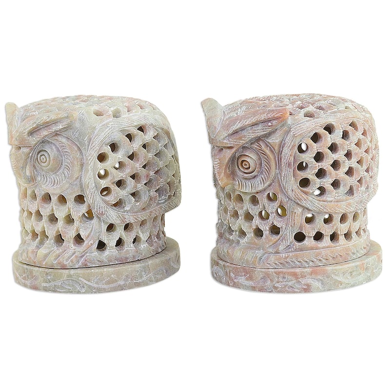 Novica Handmade Up Owl Night Soapstone Tealight Candle Holders (Pair)