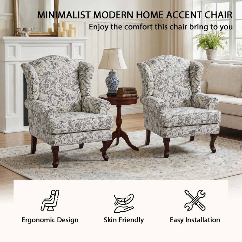 2 Set Traditional Rolled Arm Wing Back Accent Chair