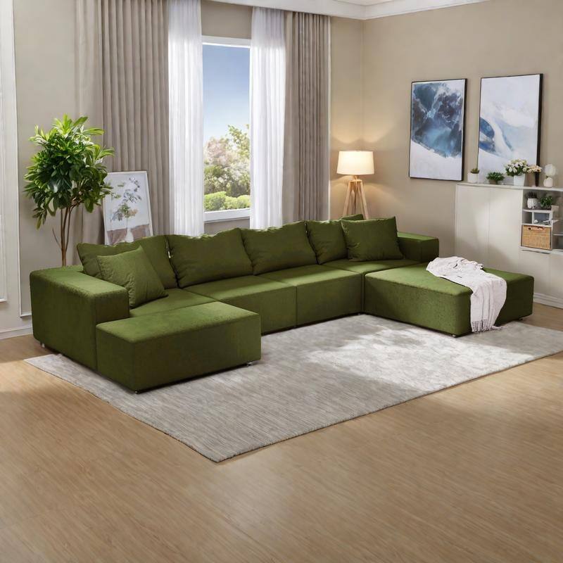 132" Chenille Modular L-Shaped Sectional Sofa with 6 Pillows, Free Combination & No-Assembly Design - Green