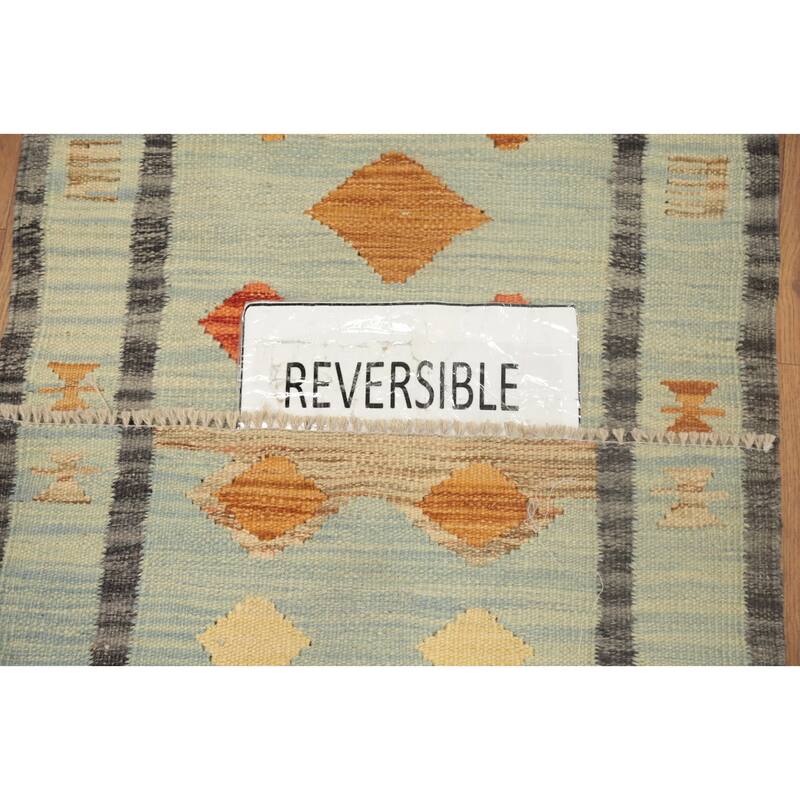 Hand Woven Oriental 100% Wool Carpet Southwestern Tribal Navy Blue & Blues Kilim Runner Rug - 5' 8'' X 2' 0''