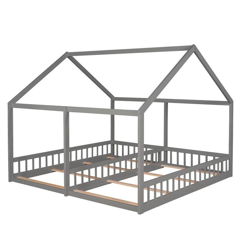 Twin House-Shaped Platform Beds, Space-Saving Design, Solid Pine Wood Frame