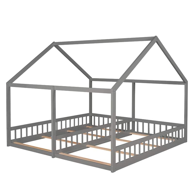 Twin Size House Platform Bed Frame with Fence,Two Shared Beds