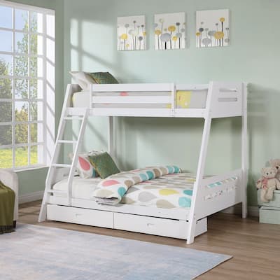 Modern White Solid Wood Twin Bunk Bed with Storage Drawers