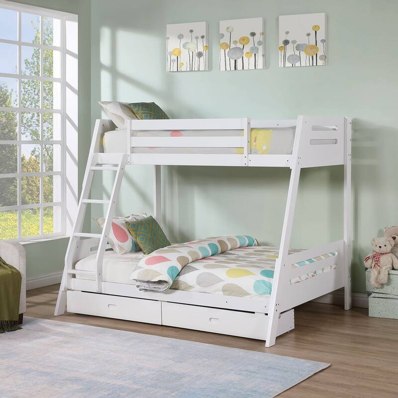 White Twin over Twin/ Full Bunk Bed with Underbed Drawers