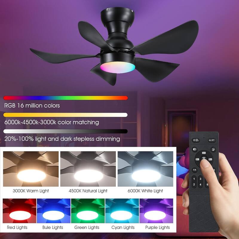 36/46 inches RGB Flush Mount Ceiling Fan with Light and Remote