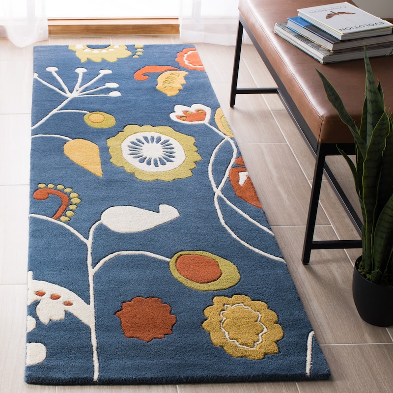 SAFAVIEH Handmade Soho Kaleena Floral N.Z. Wool Rug - 2'6" x 8' Runner - Dark Blue/Multi