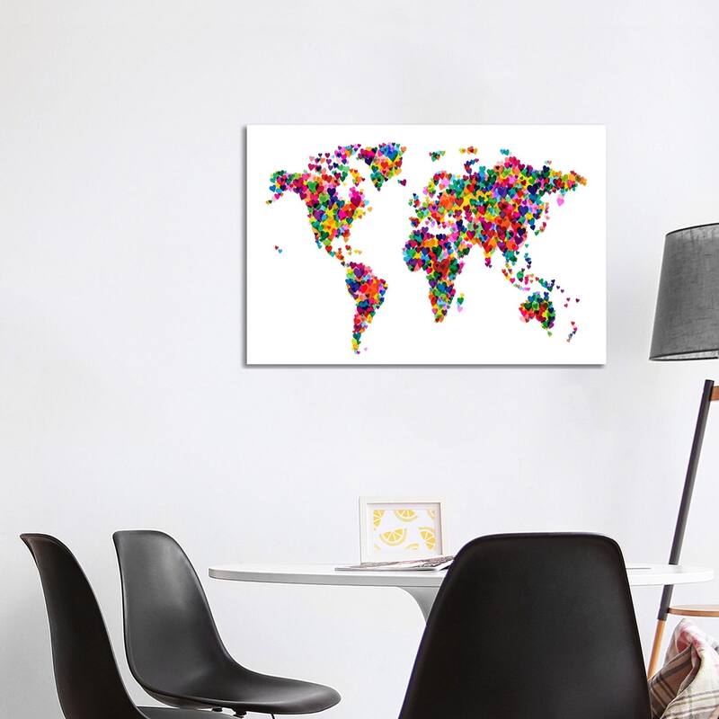 iCanvas "World Map Hearts (Multicolor)" by Michael Tompsett Canvas Print - 26x40x1.5