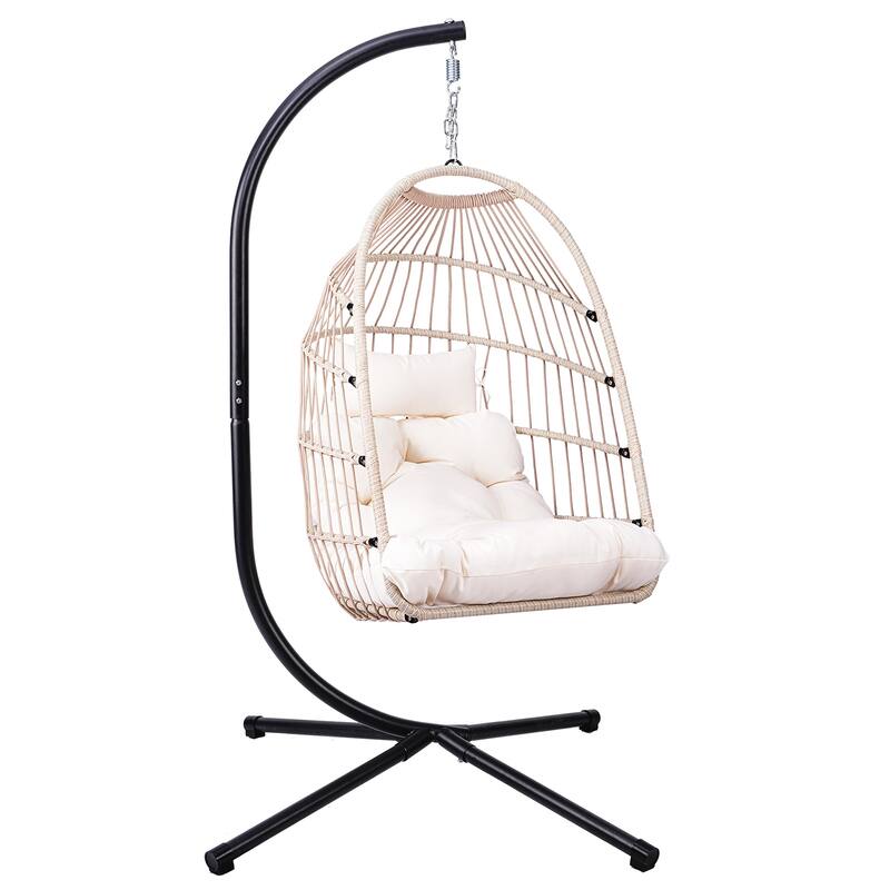 Outdoor Egg Hanging Chair, Swing Chair with Stand & Aluminum-Steel Frame, Patio Rattan Wicker Hanging Swing Egg Chair