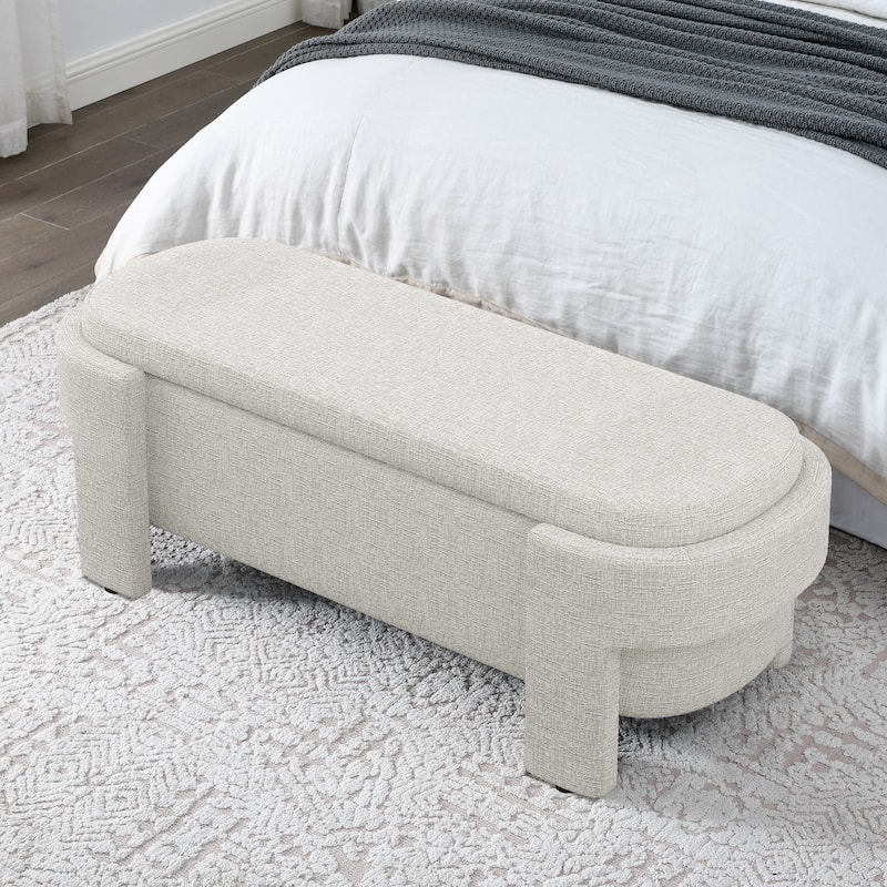 Linen Fabric Upholstered Bench with Large Storage Space for the Living Room, Entryway and Bedroom,Beige stripe