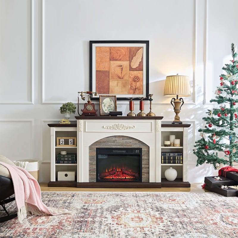 Classic 72 inch Electric Fireplace with Mantel White TV Stand Entertainment Center with Storage