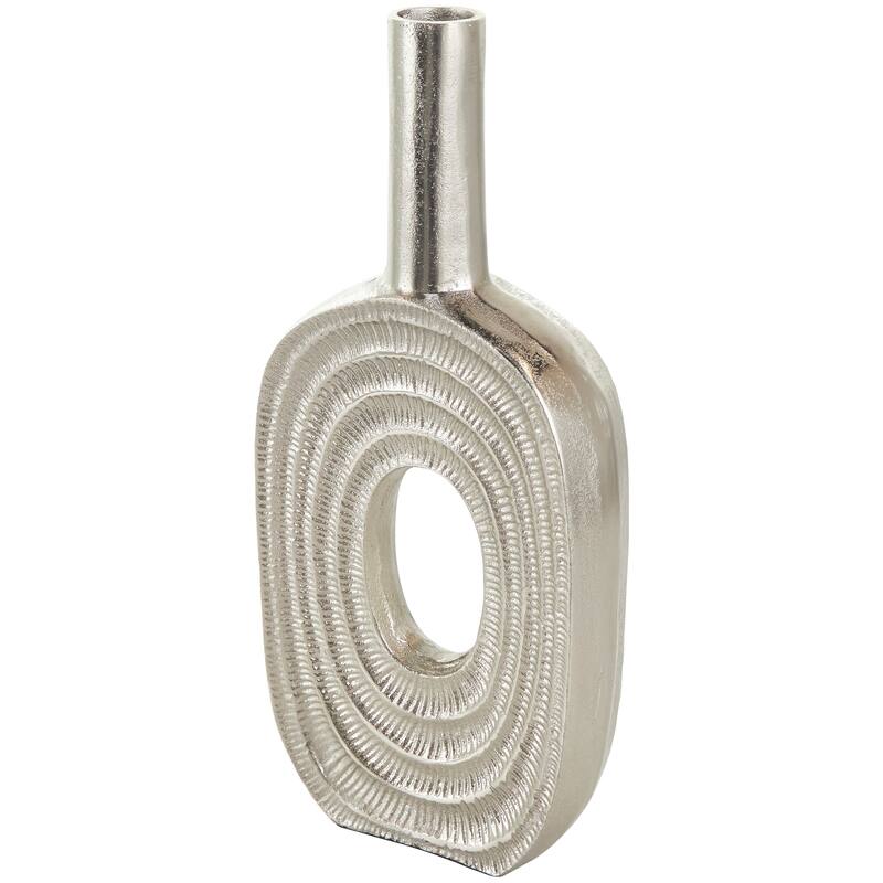 Silver Aluminum Metal Circular Geometric Vase with Linear Etchings