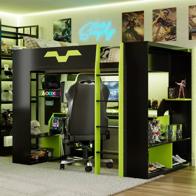 Roomfitters Full Gaming Loft Bed with Power Hub, RGB Lights and Cable Management