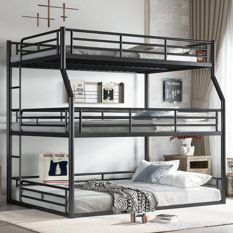Full XL over Queen over Queen Bunk Bed, Metal Triple Bunk Bed with Safety Guardrails, Bunk Bed with Noise-reduced Design - Black