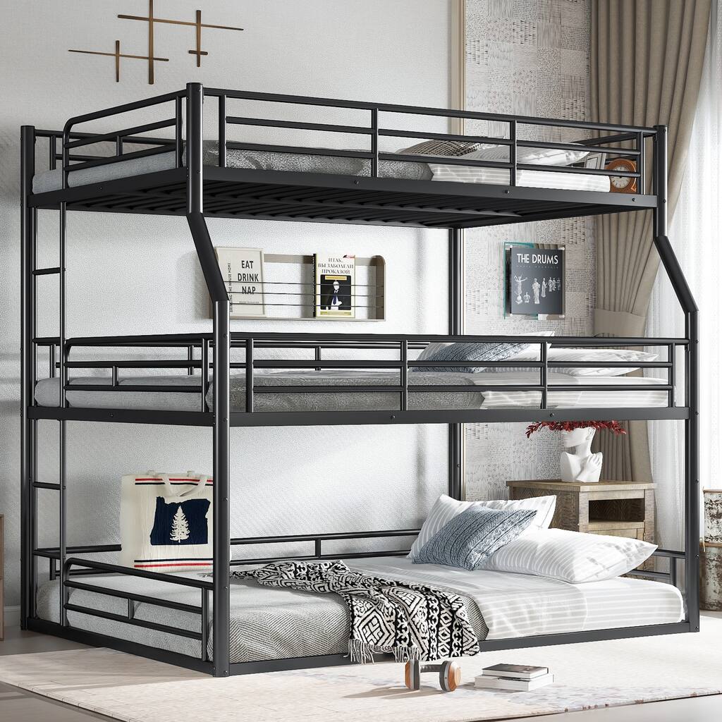 Full XL over Queen over Queen Bunk Bed, Metal Triple Bunk Bed with Safety Guardrails, Bunk Bed with Noise-reduced Design