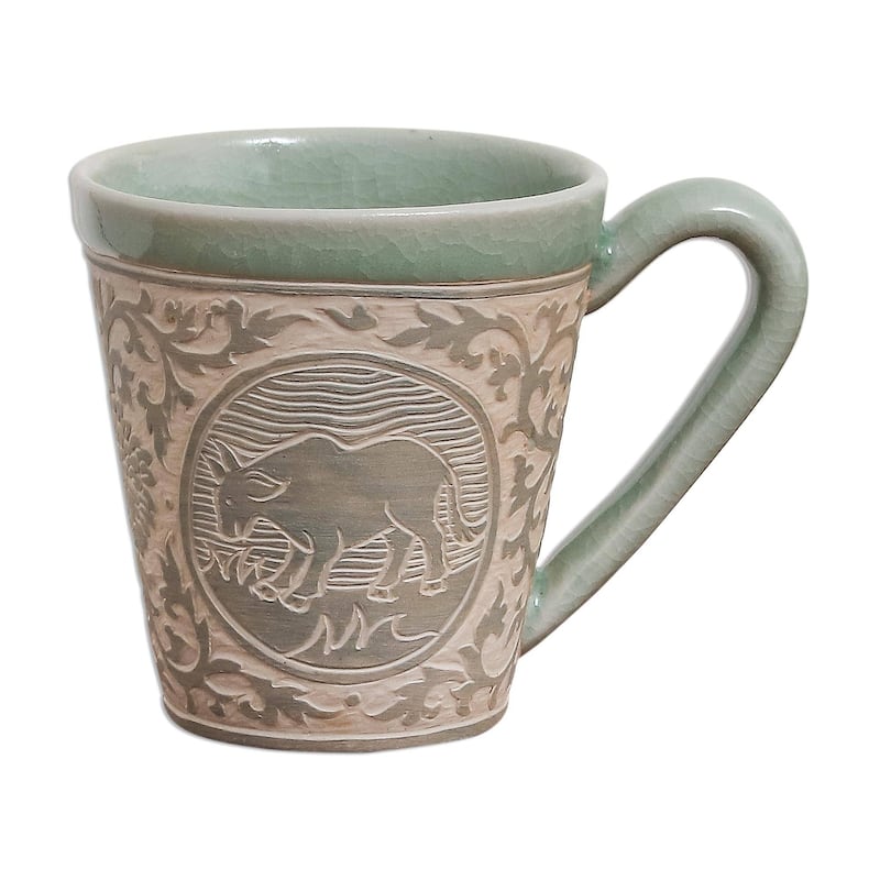 Handmade Thai Zodiac Cow Celadon ceramic mug (Thailand)