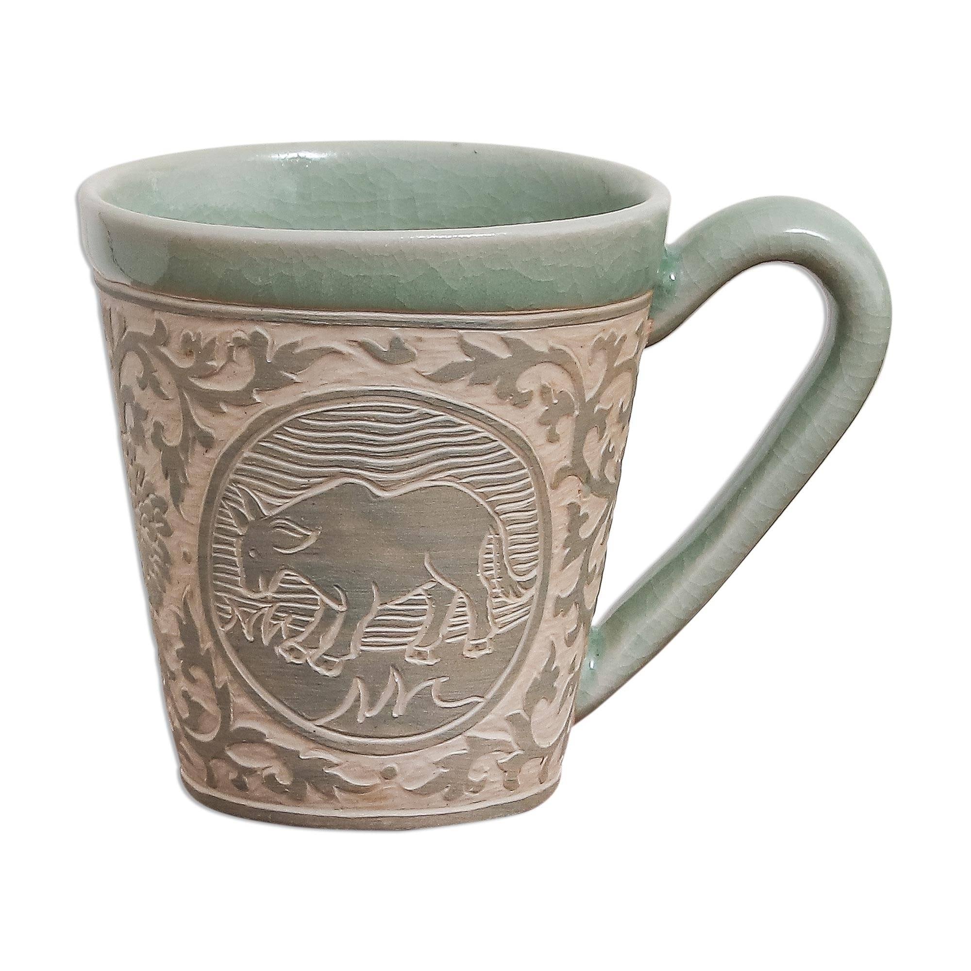 Handmade Thai Zodiac Cow Celadon ceramic mug (Thailand)