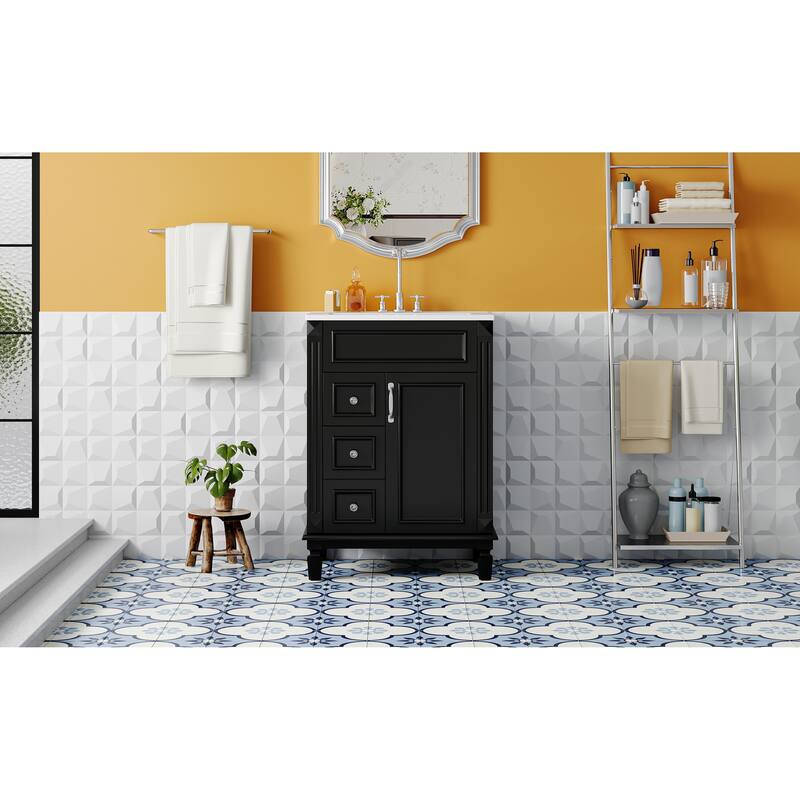 24" Bathroom Vanity With Ceramic Sink, Small Bathroom Sink Cabinet, Modern Cabinet With 2 Drawers And Adjustable Shelf