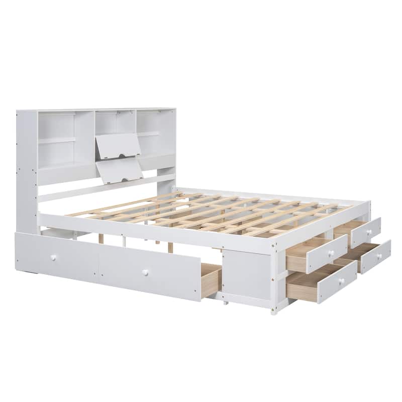 Modern Wooden Bed with Storage Headboard and 8 Drawers