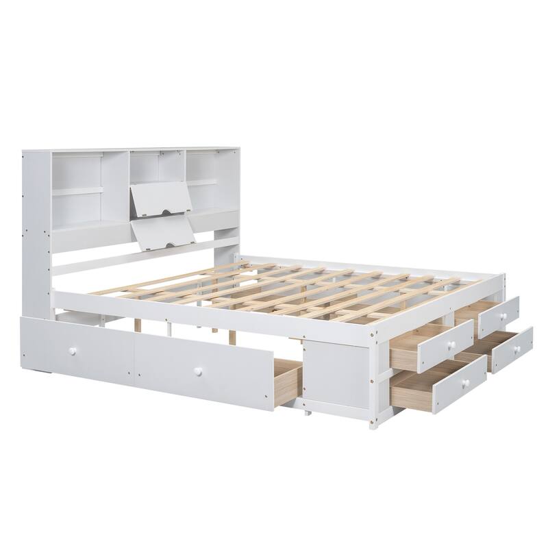 Roomfitters Queen/King Platform Bed with Storage Headboard and 8 Drawers, Solid Wood