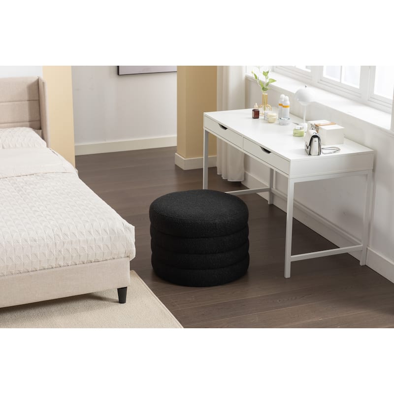 Boucle Fabric Storage Round Ottoman Footstool With Wooden Shelving - Black