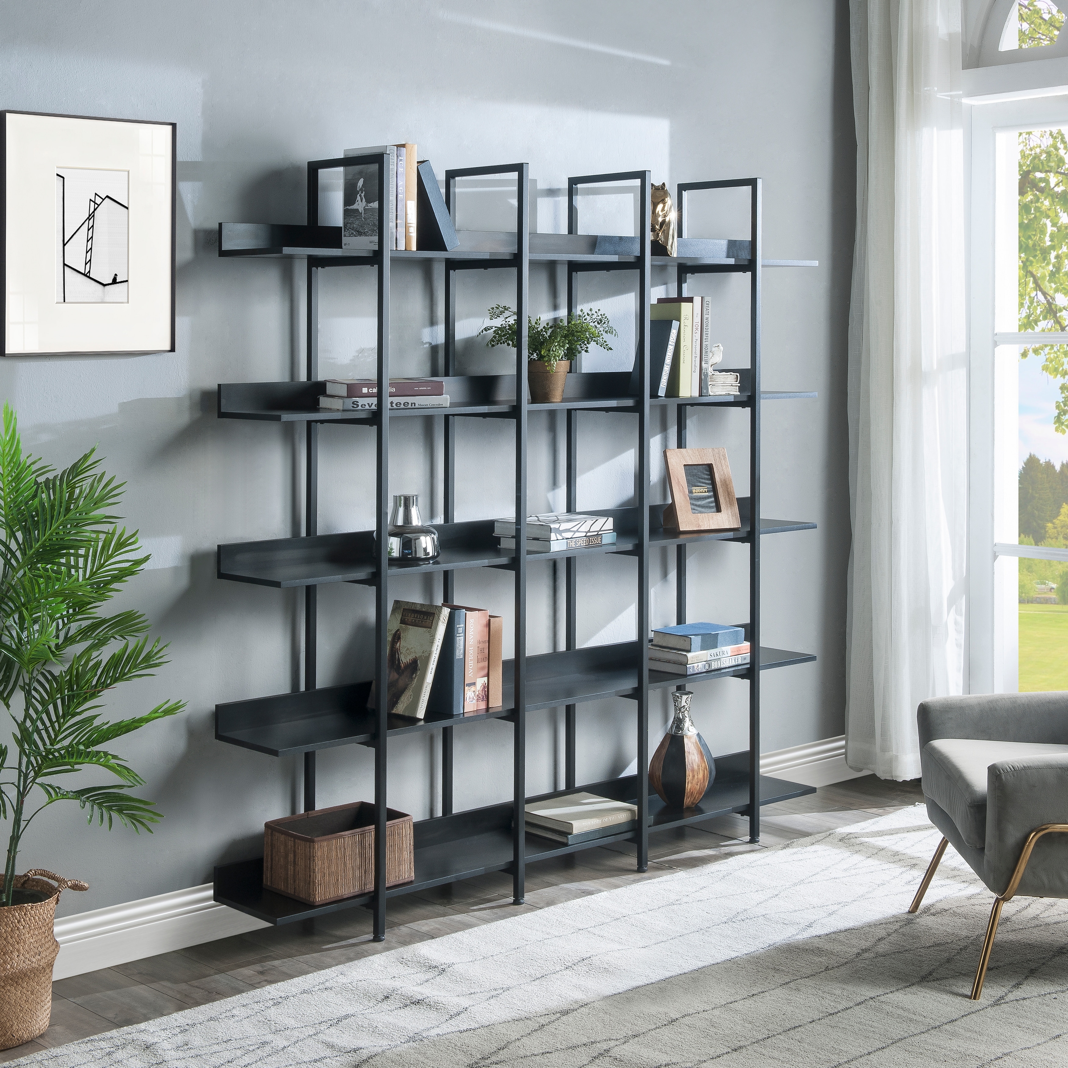 5 Tier Bookcase Office Open Bookshelf, Vintage Industrial Style Shelf, MDF Board, White Metal Frame, Oak (Old Sku:WF300935AAC)