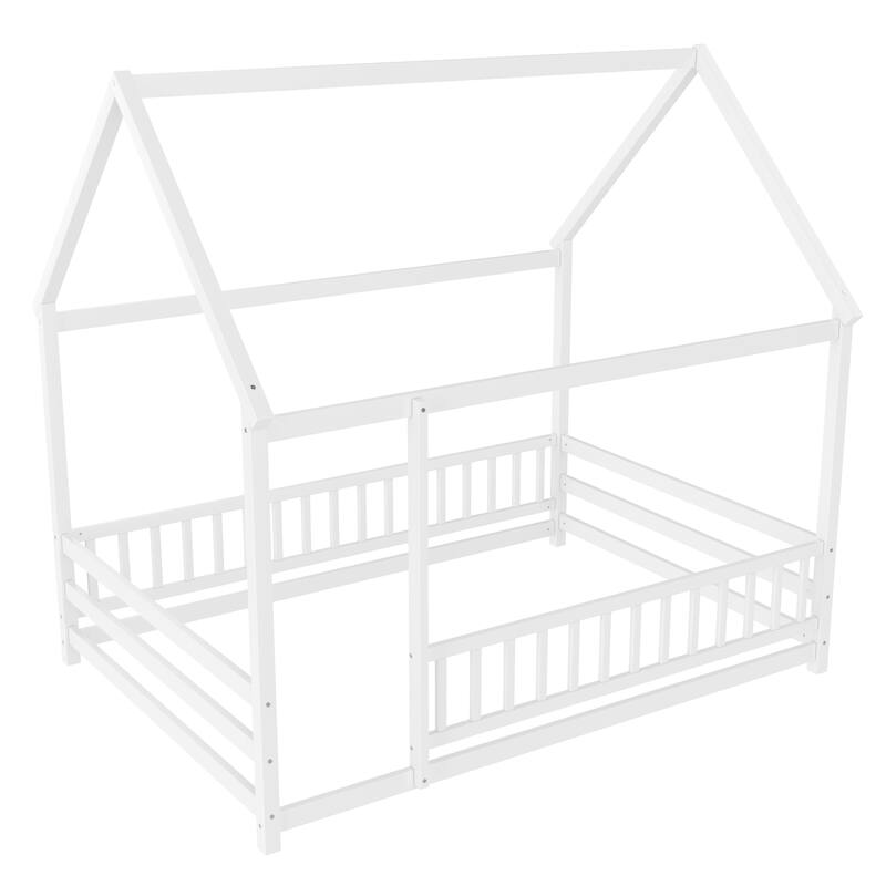 Full Size Floor Wooden Bed with House Roof Frame, Fence Guardrails,White
